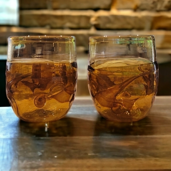 Federick Warren Signed Vintage Amber Handblown Art Glass Swirl Tumblers 1987 - Picture 1 of 7